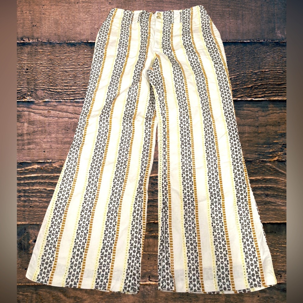 Anthropologie Quincy linen cotton embroidery pants size 12 eyelet lace cream tan